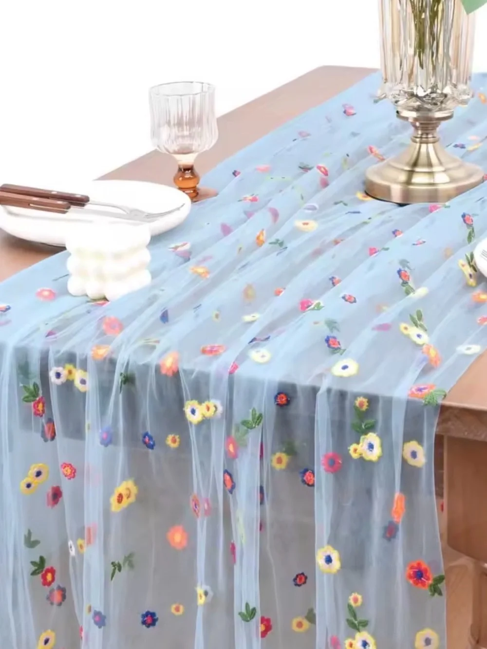 Floral Embroidered Sheer Table Runner - Light Blue